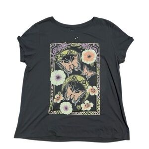 Women's Floral Butterfly T Shirt, Gray, Size Large